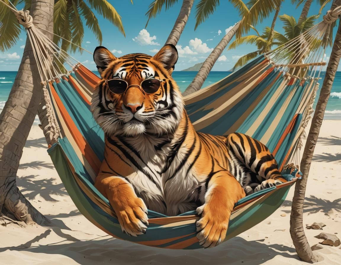 Tiger Chilling on Beach in Comic Book Style