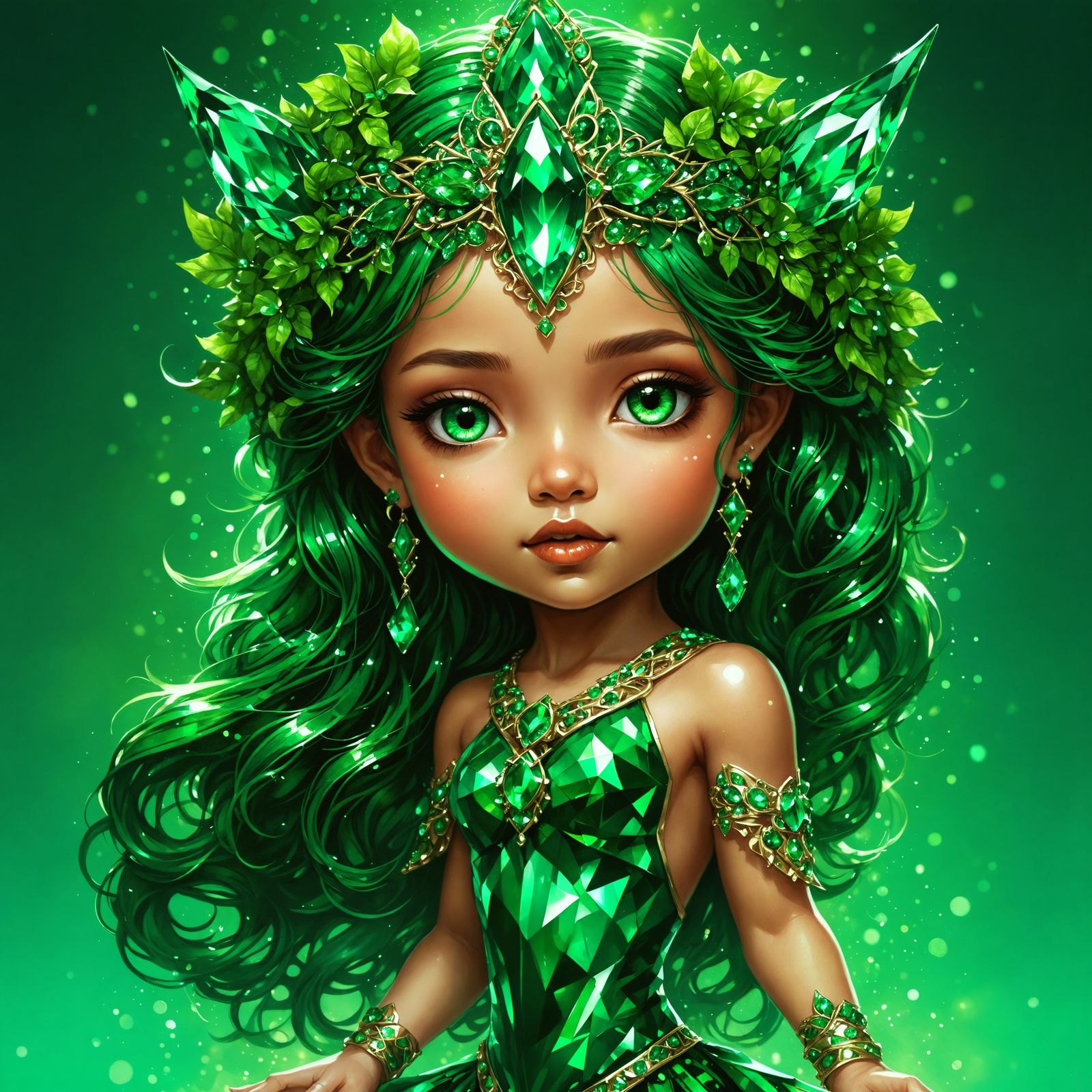 Enchanting Chibi Emerald Goddess in Metallic Colors