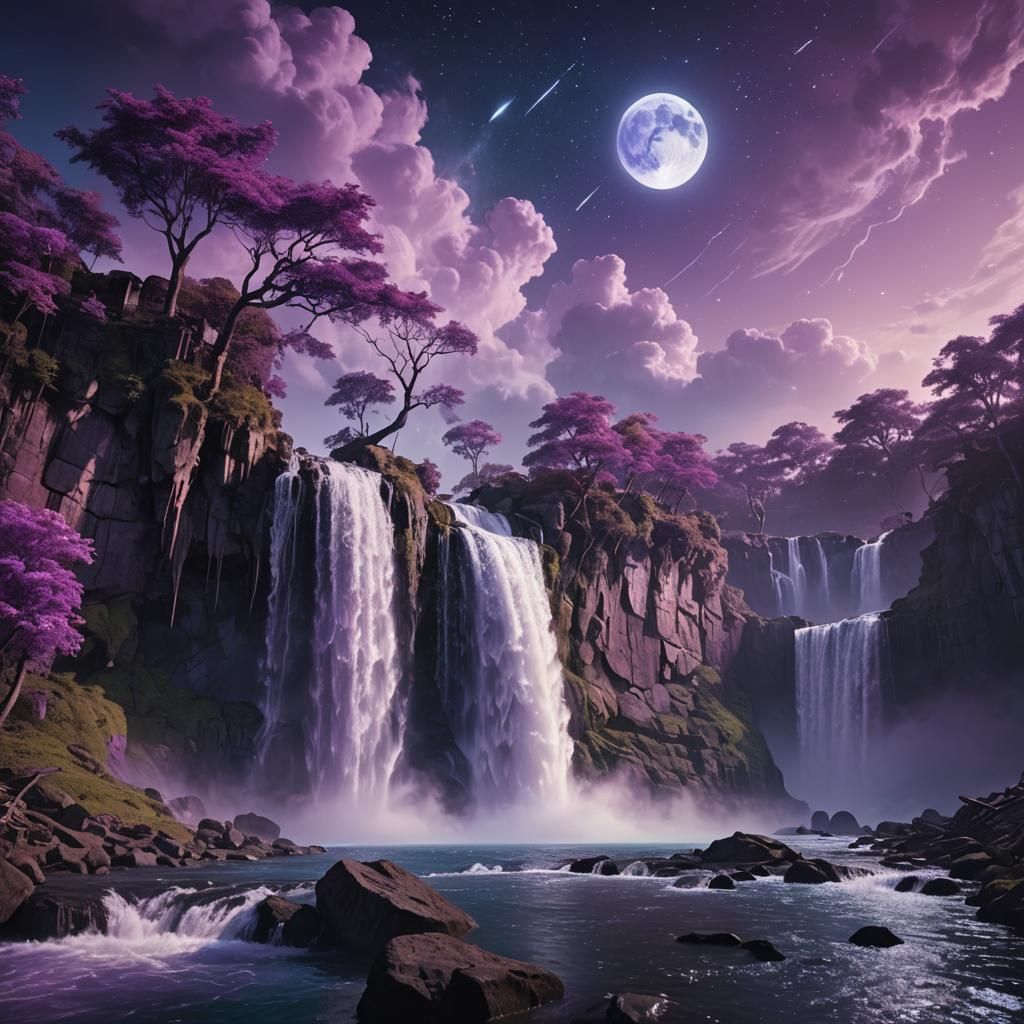 Fantastical Waterfall with Moon, Digital Matte Painting
