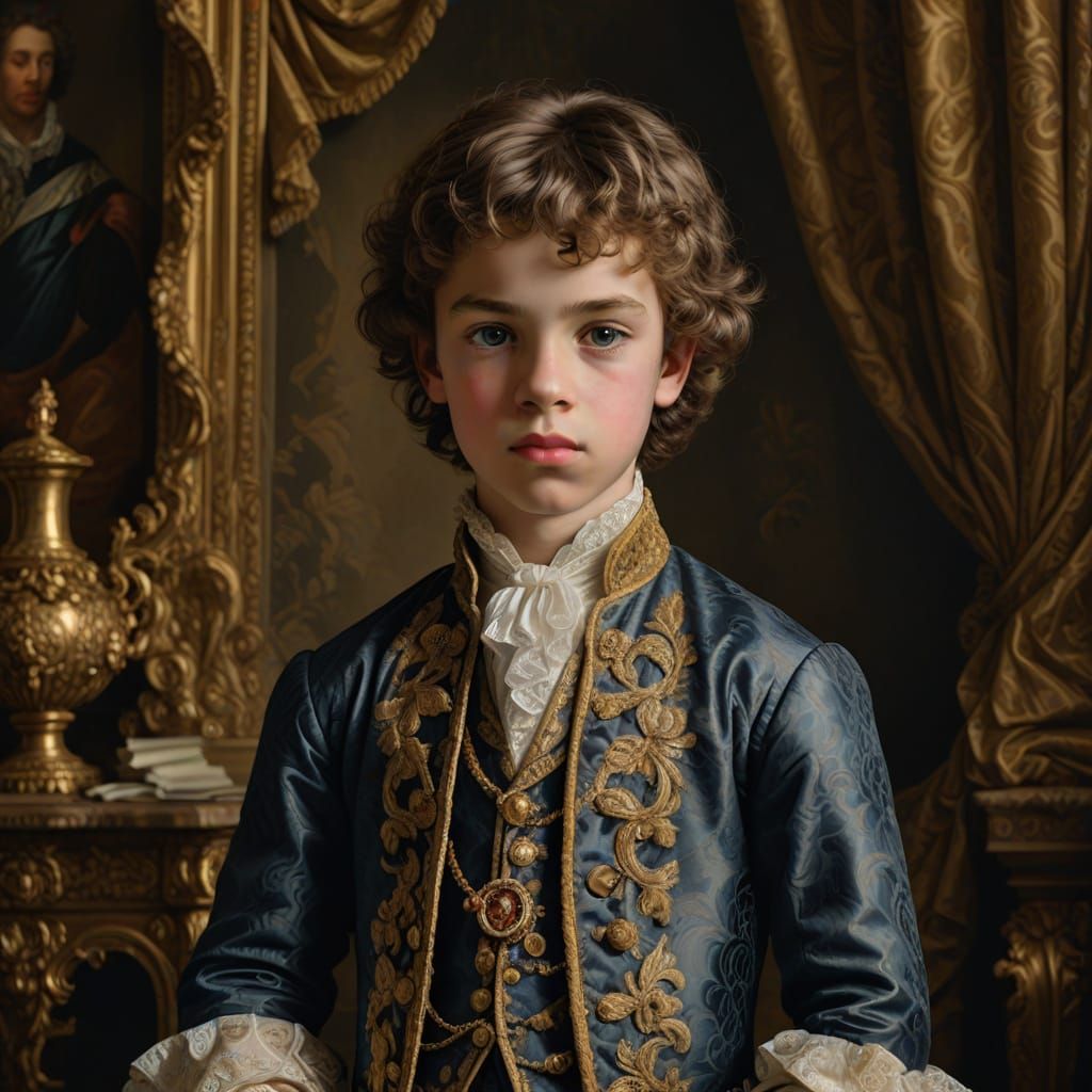 Formal 17th-Century Portrait of a Young Boy in Opulent Attir...