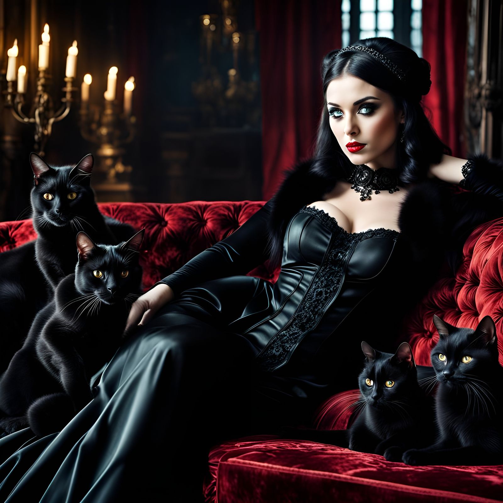 Gothic Woman with Black Cats in Hyper-Realistic Style