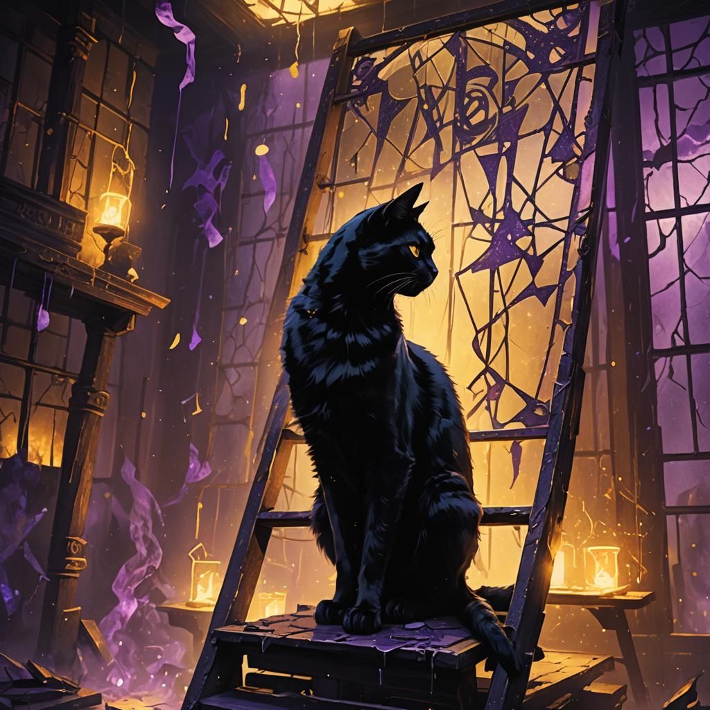 Ominous Black Cat and Cracked Mirror in Dark Fantasy