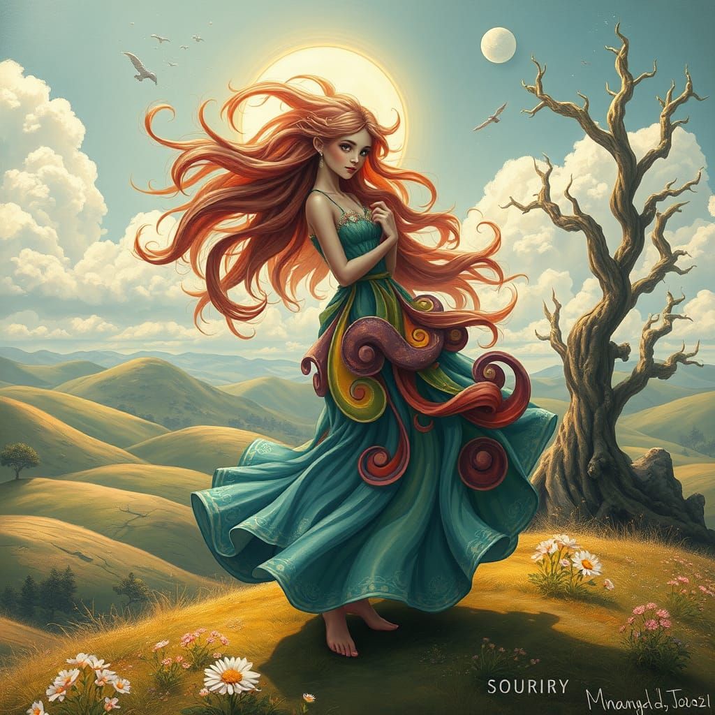 Surreal Muse in Whimsical Landscape