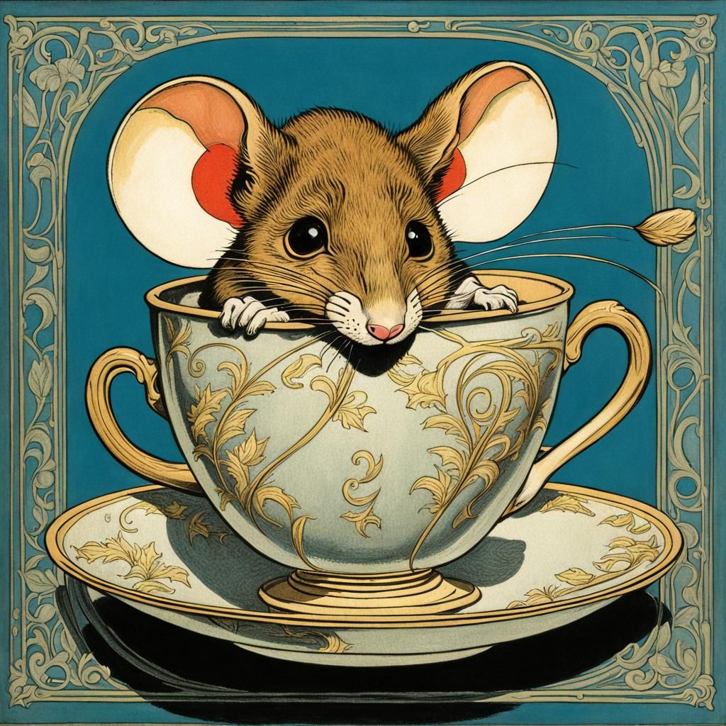 Mouse in Teacup: Comic Book Art Nouveau Style