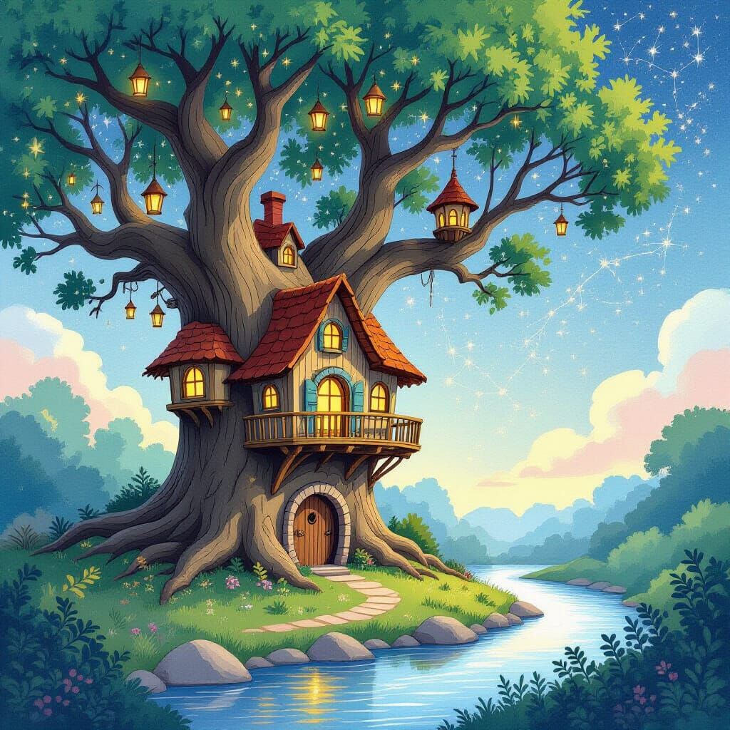 Enchanted Treehouse Village in Watercolor Style