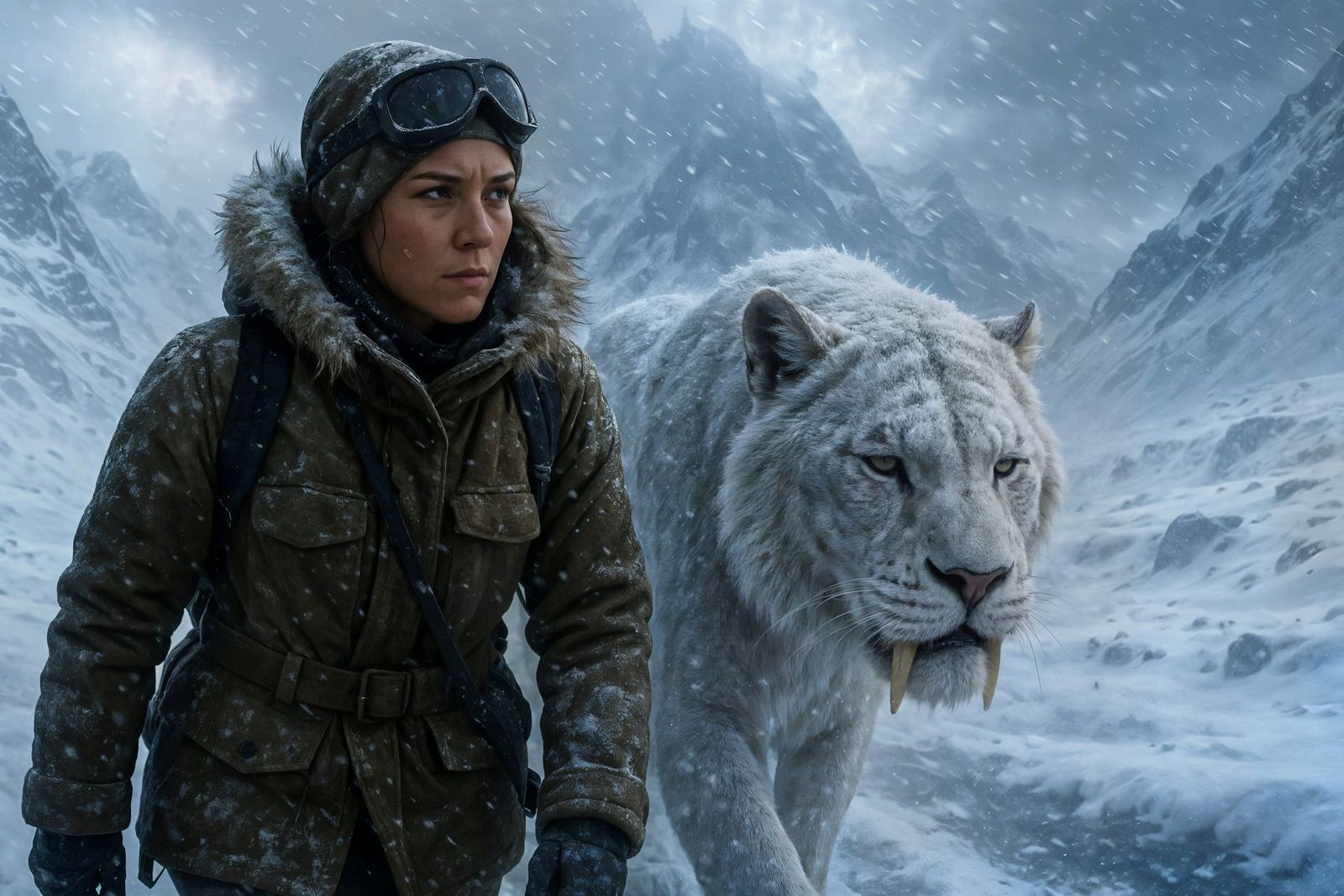 Resilient Explorer and Sabertooth Tiger in Frozen Landscape