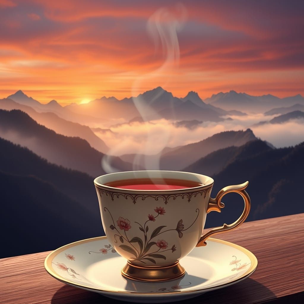 Elegant Tea Ceremony in Serene Mountain Landscape