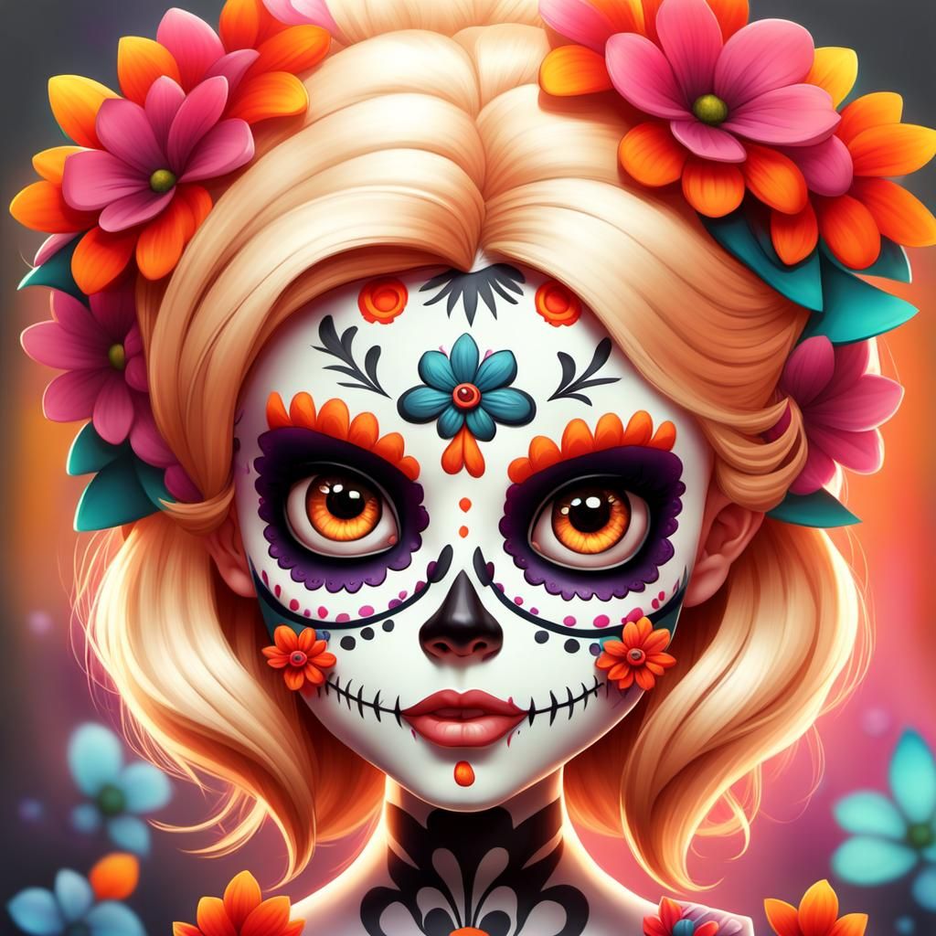 Day of the Dead Chibi Girl Portrait in Cartoon Style