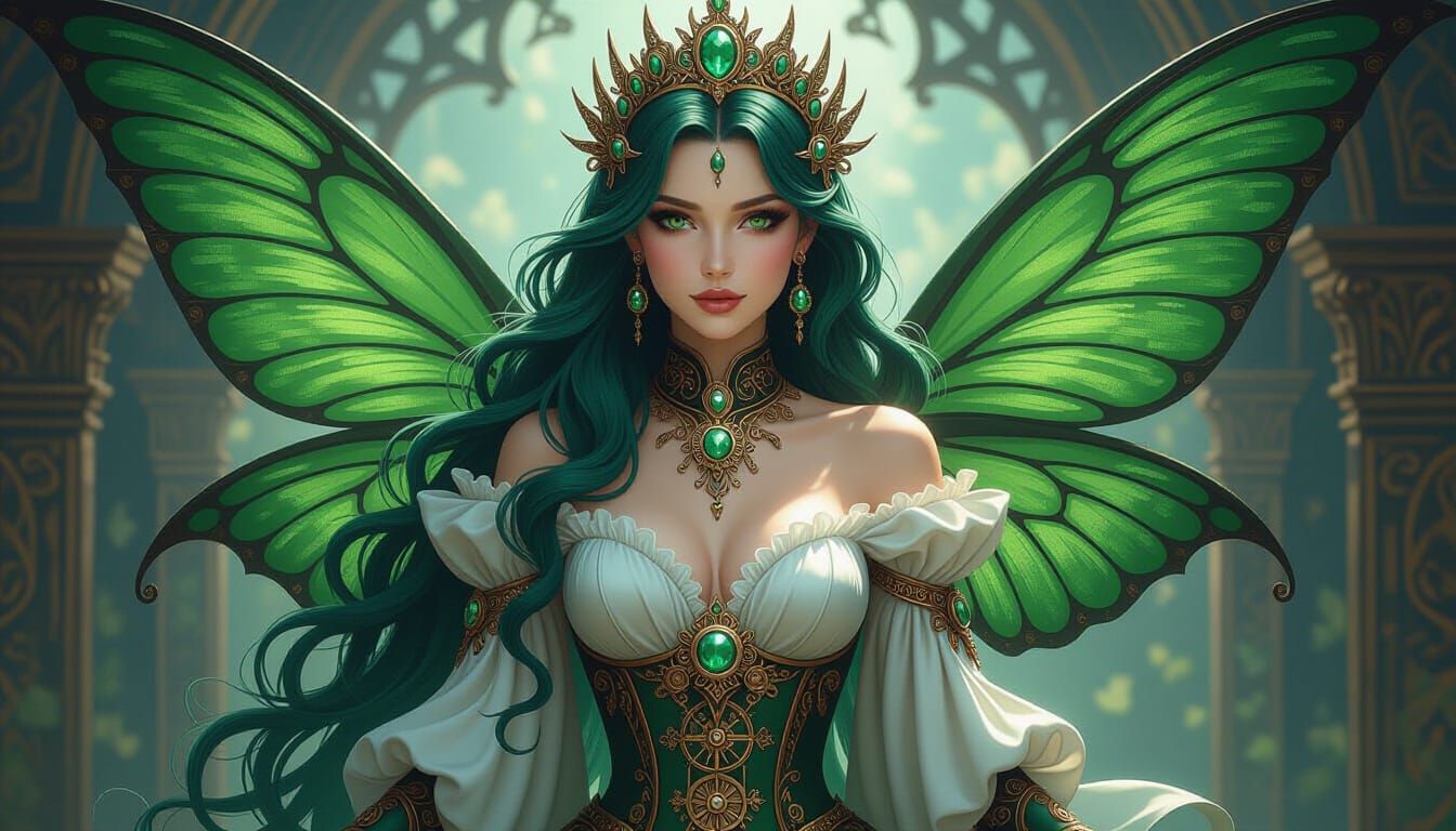Regal Faerie Queen with Jade Wings and Steampunk Attire