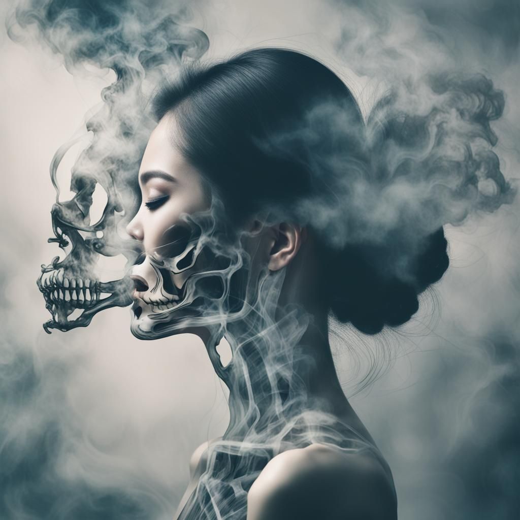 Double Exposure: Chinese Woman and Smoke Skeleton