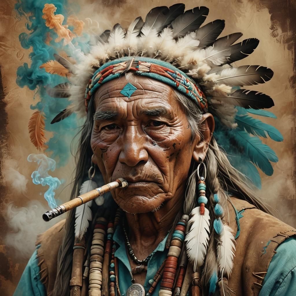 Native American Man Smoking Peace Pipe in Hyperrealism