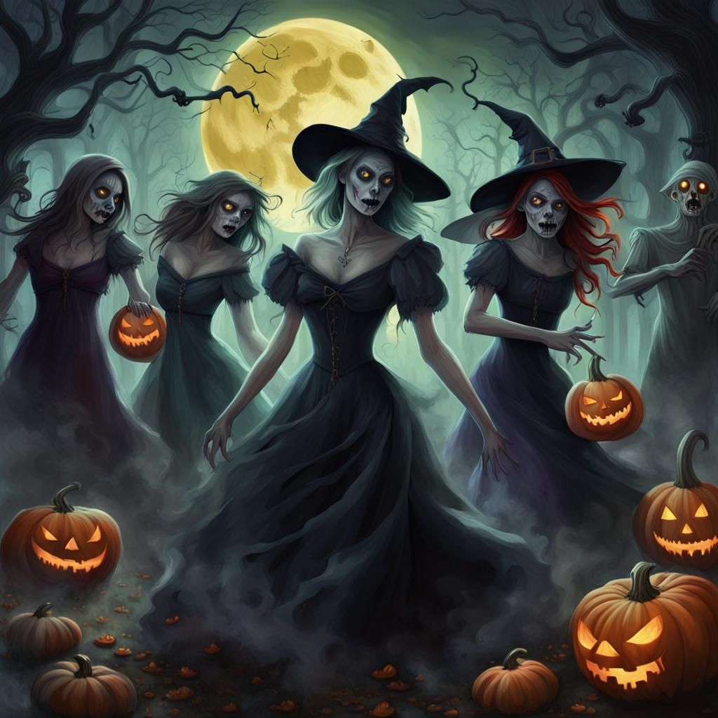 Halloween Spirits Dance in Haunted Forest: Digital Painting