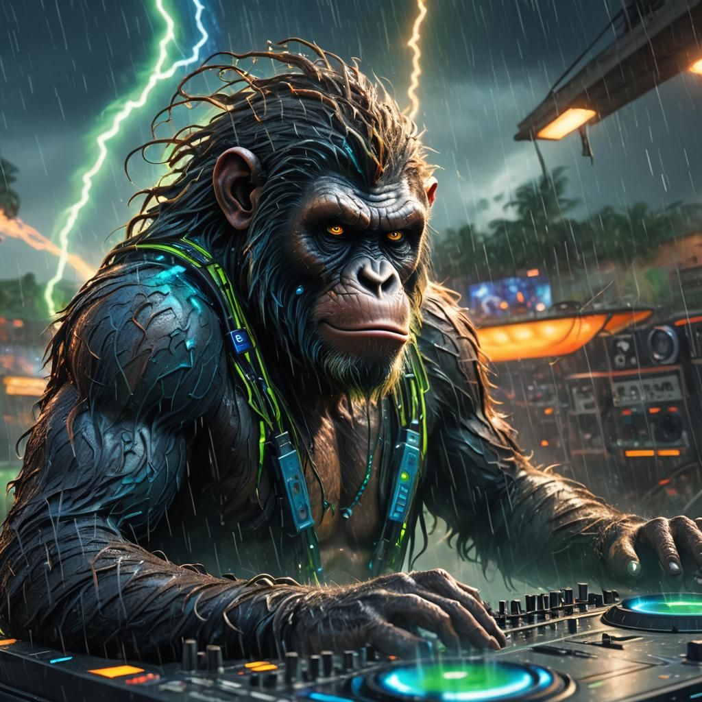 Ape DJ in Hurricane, Art Nouveau Fantasy