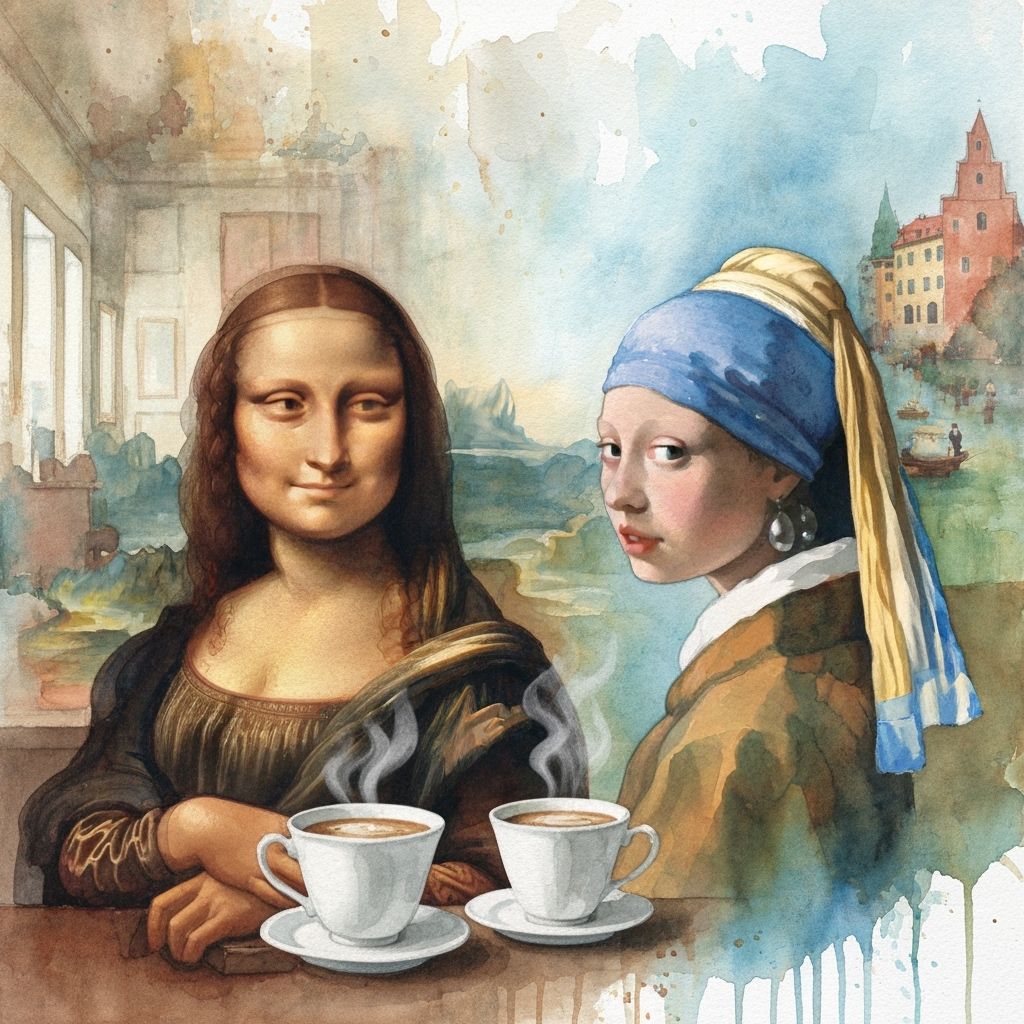 Mona Lisa and Pearl Earring Discuss Coffee in Surreal Waterc...