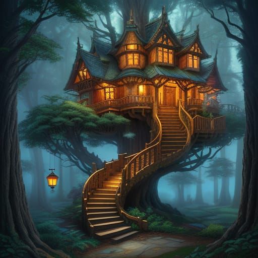 Enchanted Treehouse with Mystical Carvings