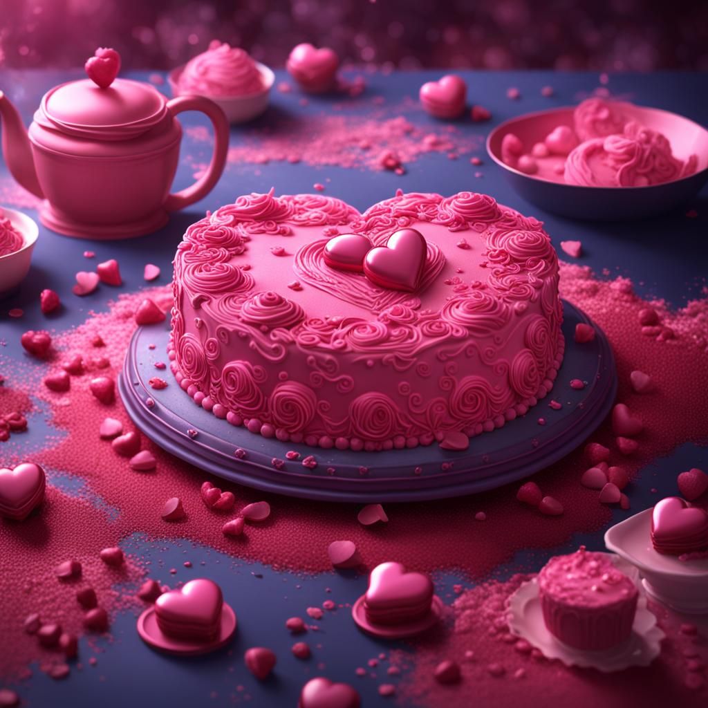 Pink Vintage Heart Cake: Detailed Matte Painting