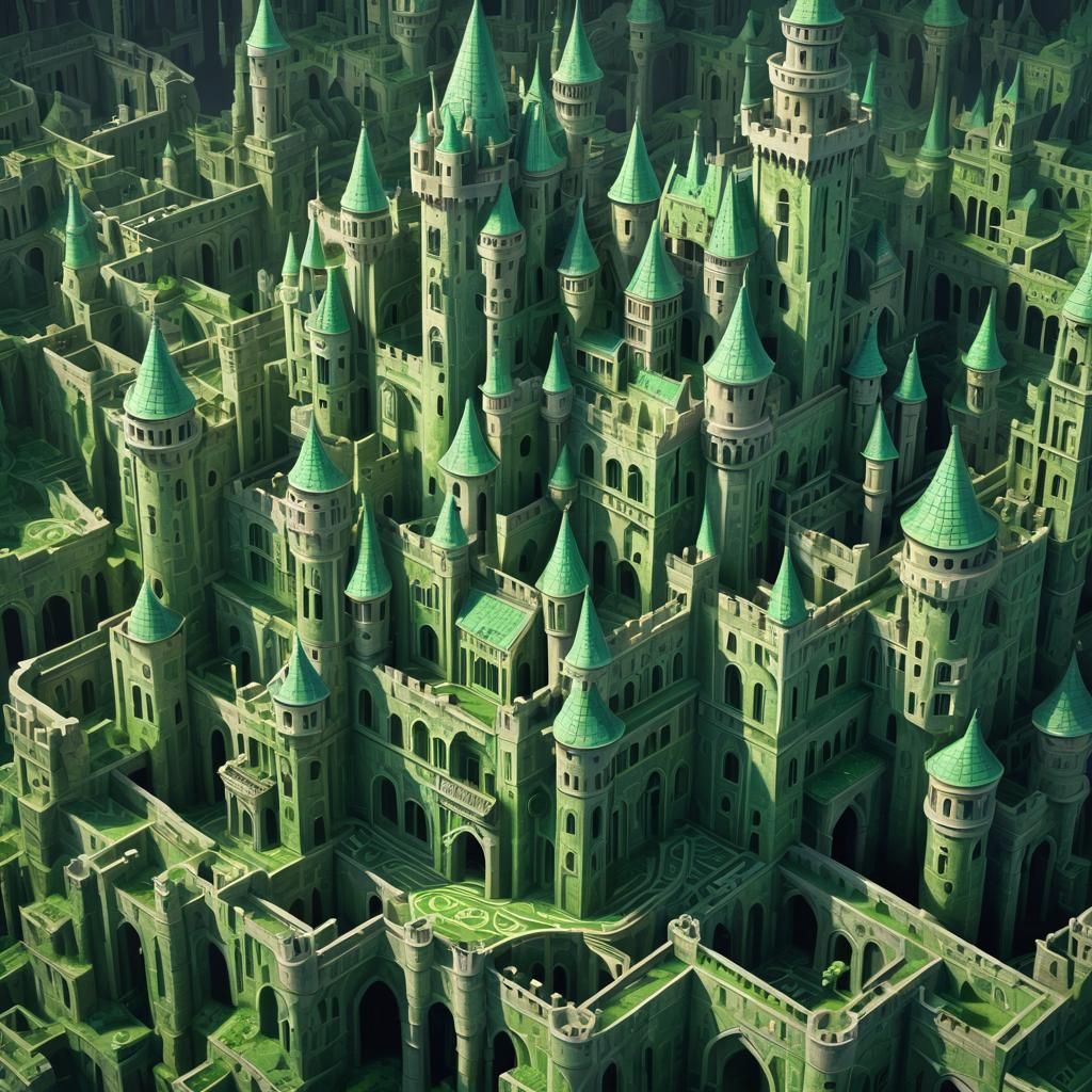 Green Letter Castle in Surreal 3D Digital Art