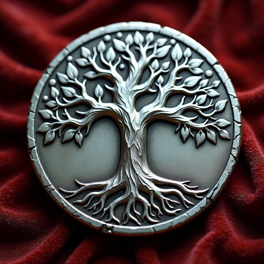 Fantasy Coin with Heraldic Tree in Futuristic Style