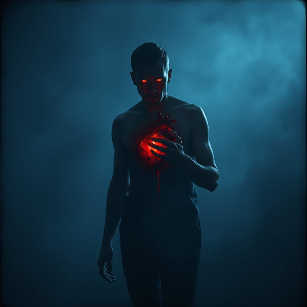 A surreal and dark fantasy scene of a man walking while hold...