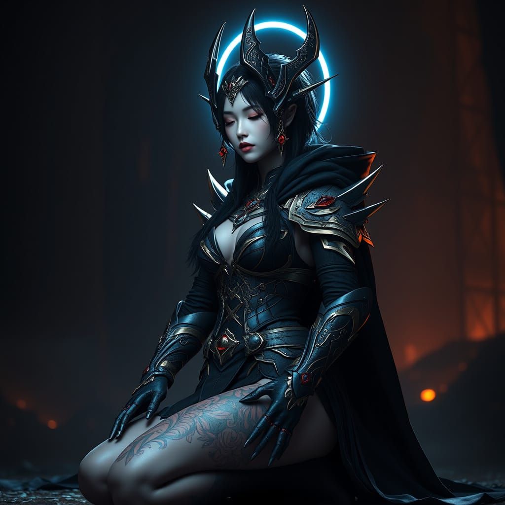 Mystical Armored Woman with Neon Halo in Fantasy Art