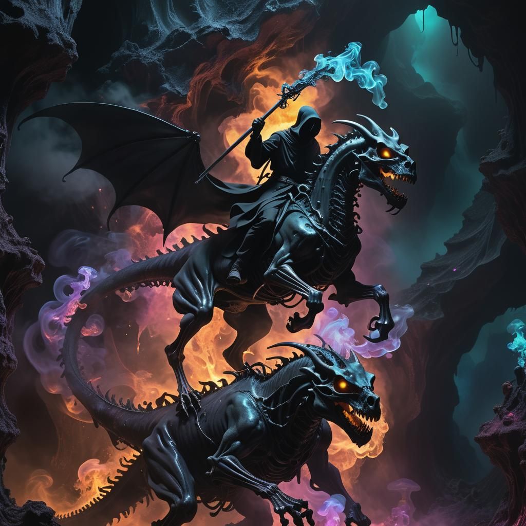 Grim Reaper on Dragon in Bioluminescent Cavern