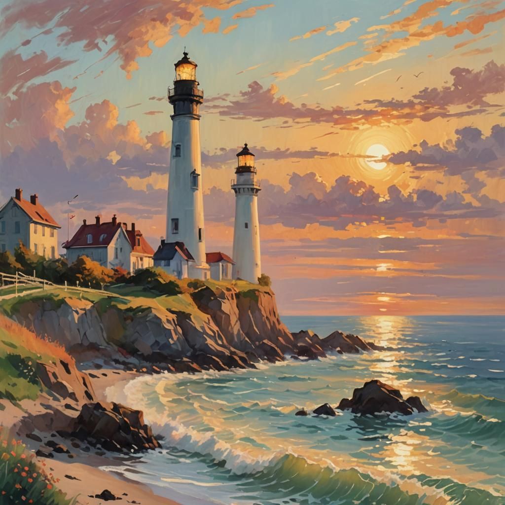 Romantic Lighthouse at Sunset in Impressionist Style