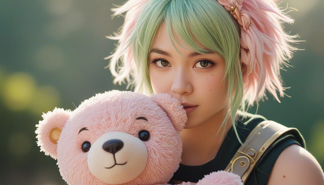 Female Warrior with Teddy Bear in Kawaii Art