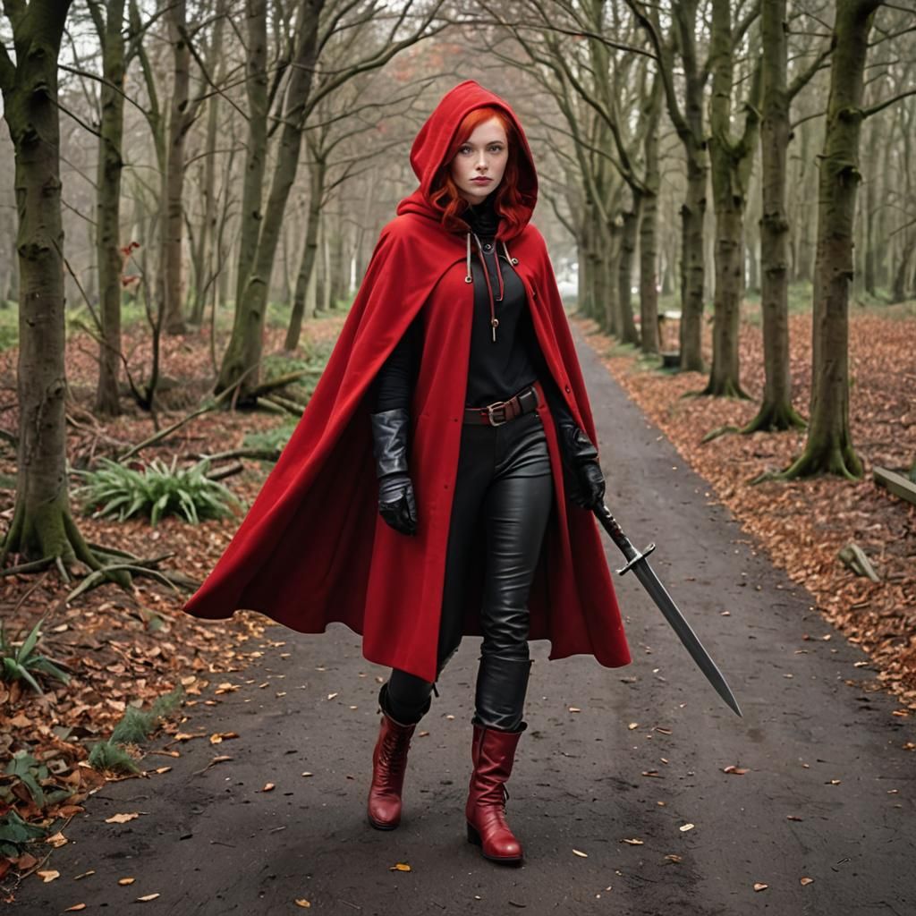 Red-Haired Girl in Hooded Cape with Knife