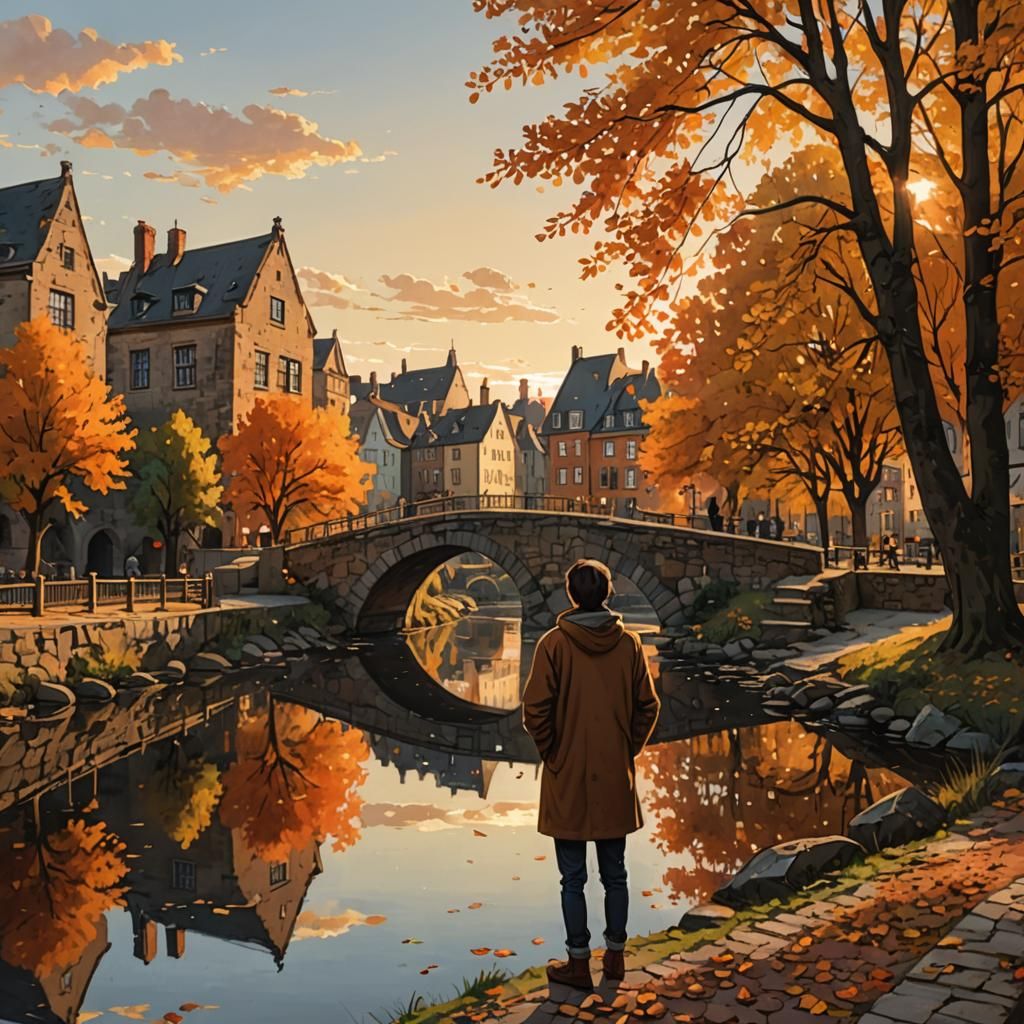 Autumn Sunset Scene with Stone Bridge