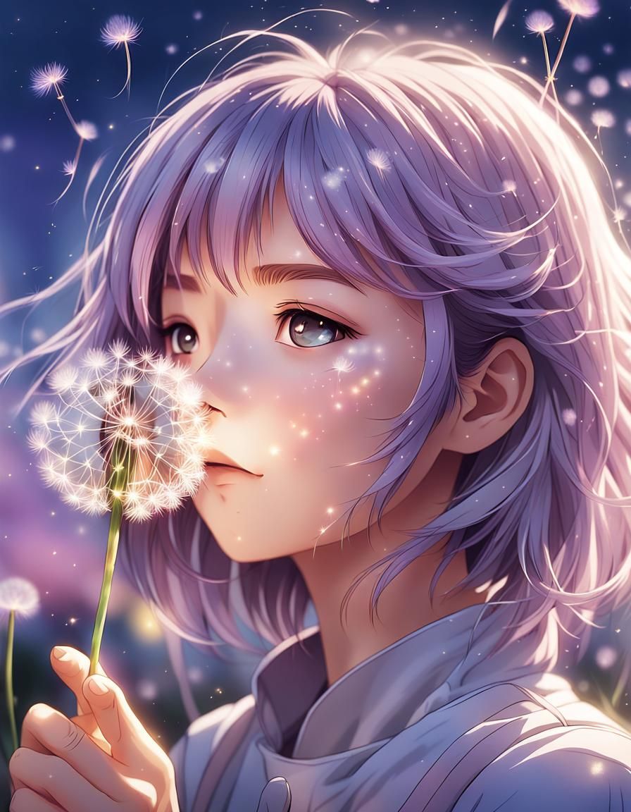 Anime Girl Blowing Dandelion Seeds in Twilight