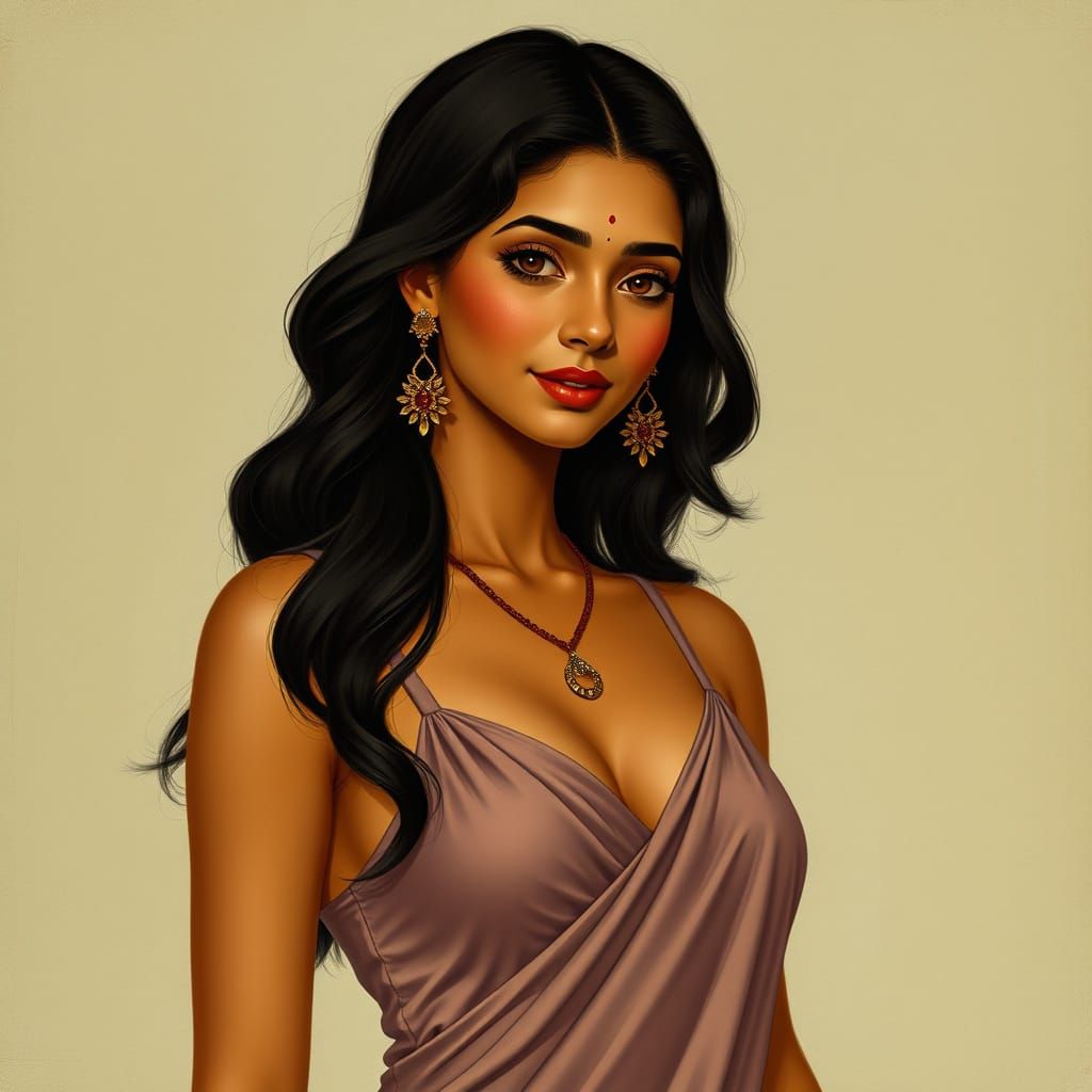 Elegant Indian Woman in Art Nouveau Style Dress