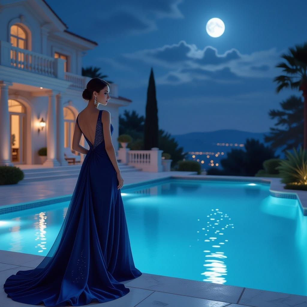 Woman in Blue Gown by Pool, Art Nouveau Style