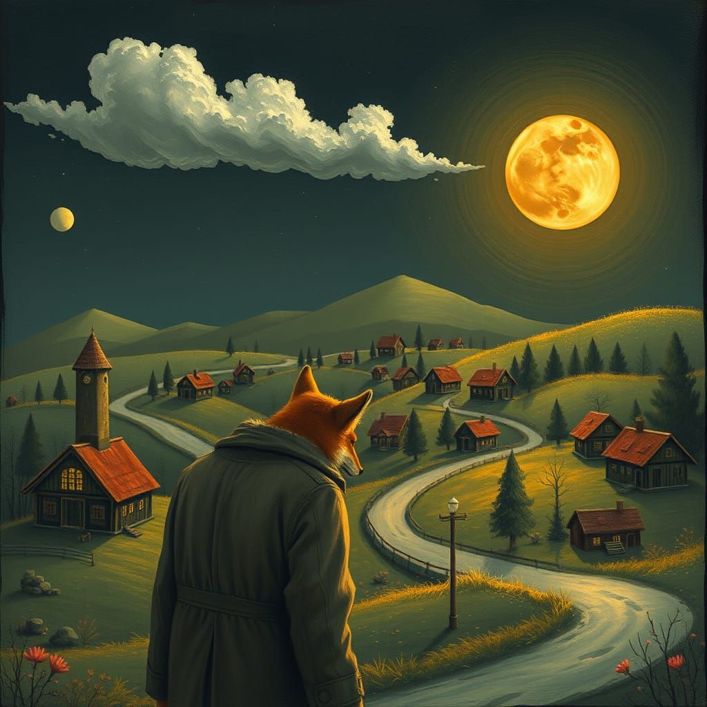 Man with Fox's Head Observes Village
