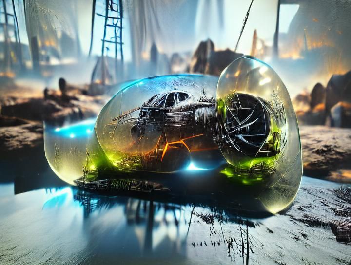 Spaceship in Glass Orb: Hyperrealistic Neon Concept Art