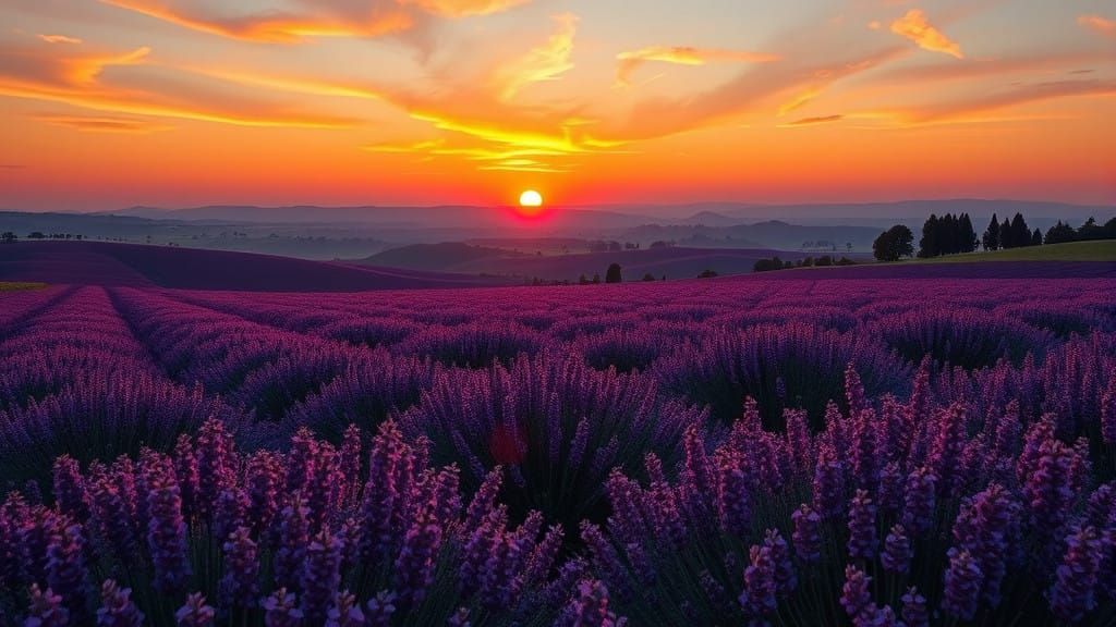 Hyperrealistic Orange Sunset Over Lavender Field in Vibrant...