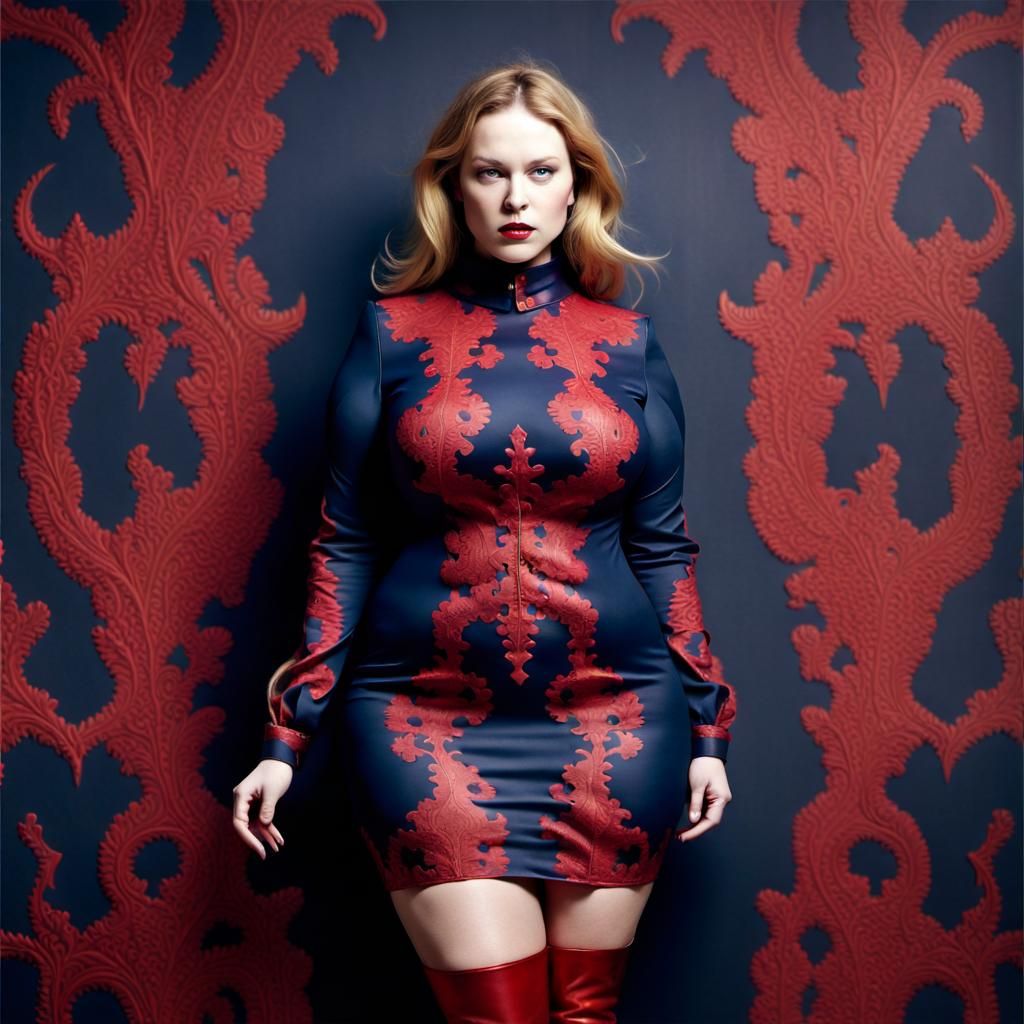 Plus-Size Woman in Rorschach Dress, Photorealistic Fashion