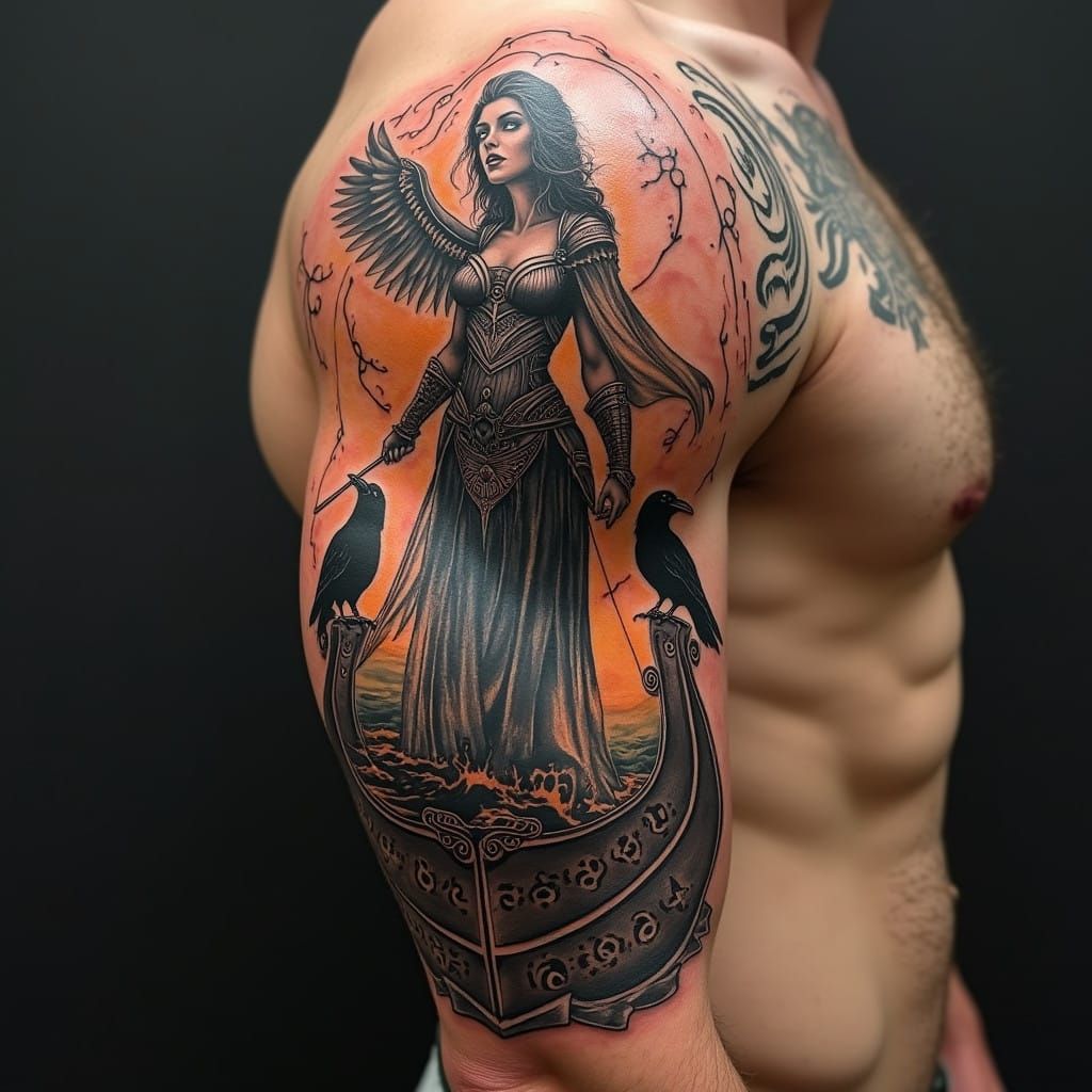 Viking Warrior Goddess on a Longship Tattoo in Bold Style