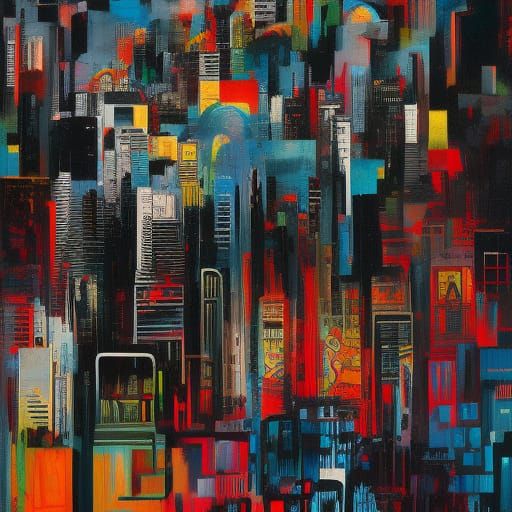 Chaotic Punk Cityscape in Abstract Expressionist Style