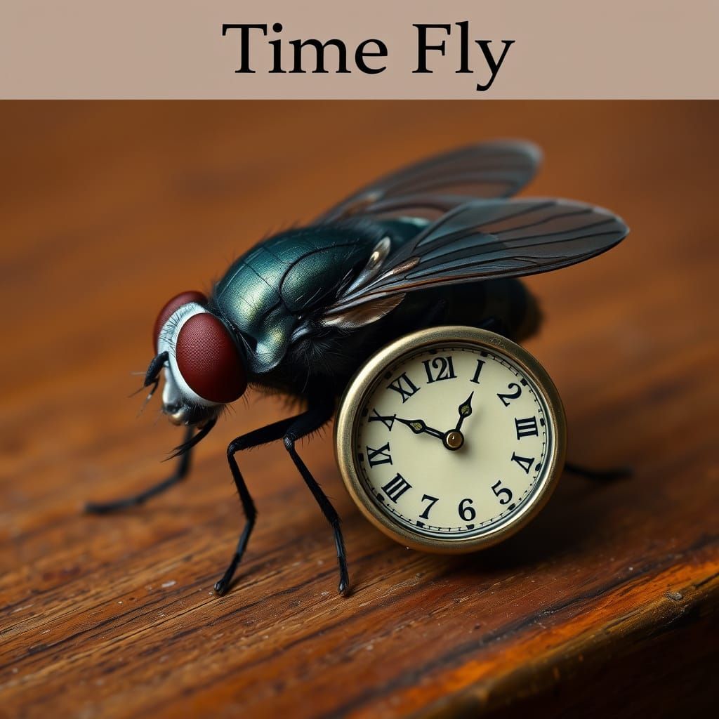 Housefly Holding Clock in Hyper-Realistic Style