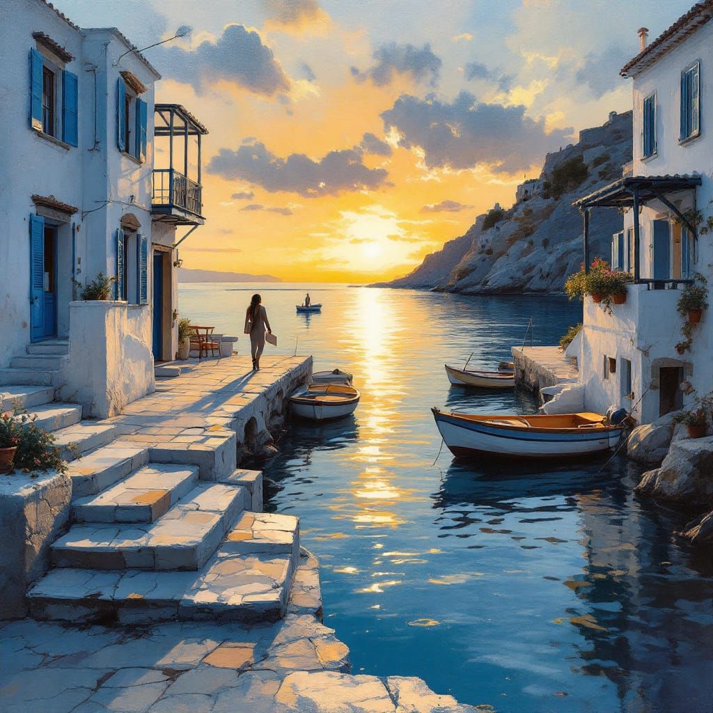 Greek Coastal Sunrise in Oil on Canvas Style