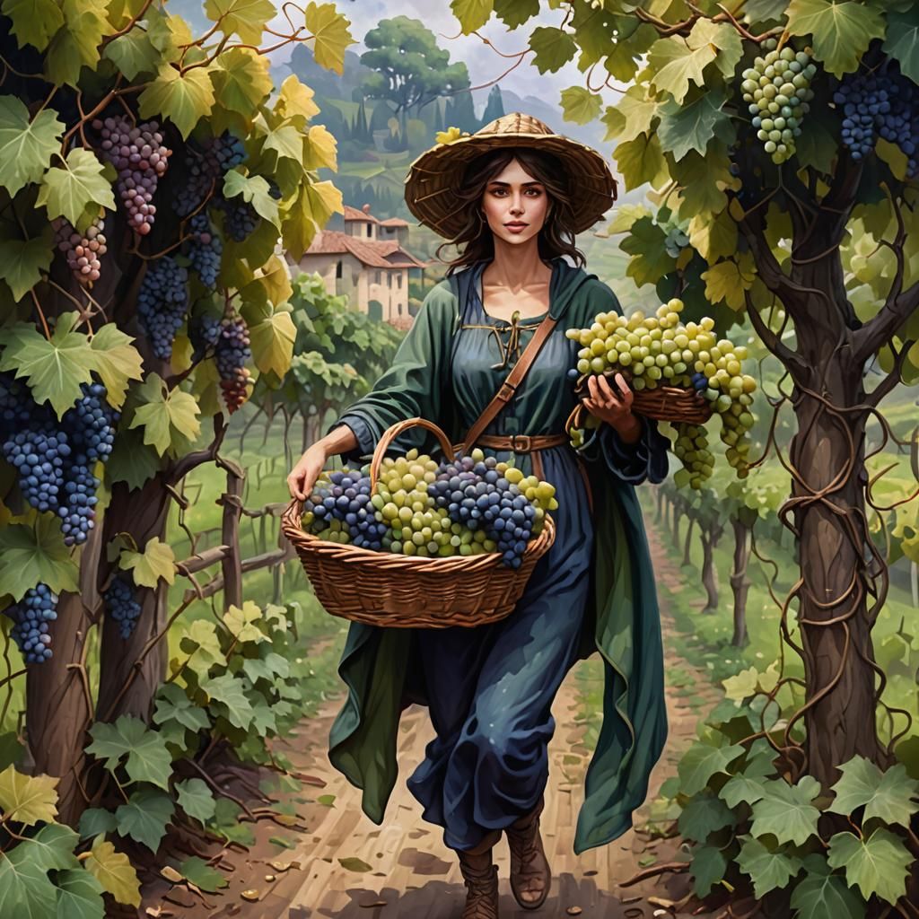 Young Woman with Grapes in Italian Vineyard