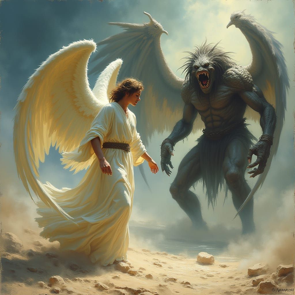 Angel and Monster Battle: Fantasy Art