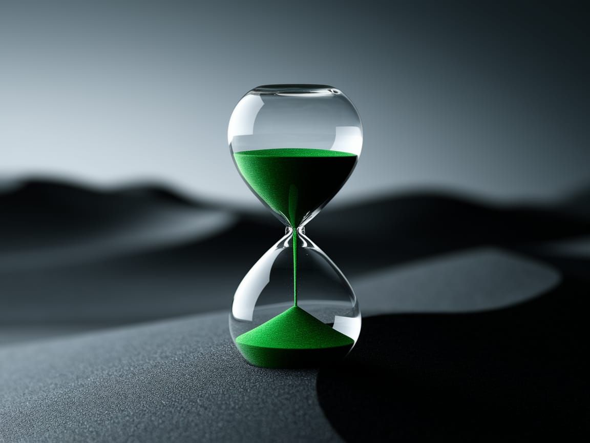 Realistic Hourglass with Green Sand on Black Dunes