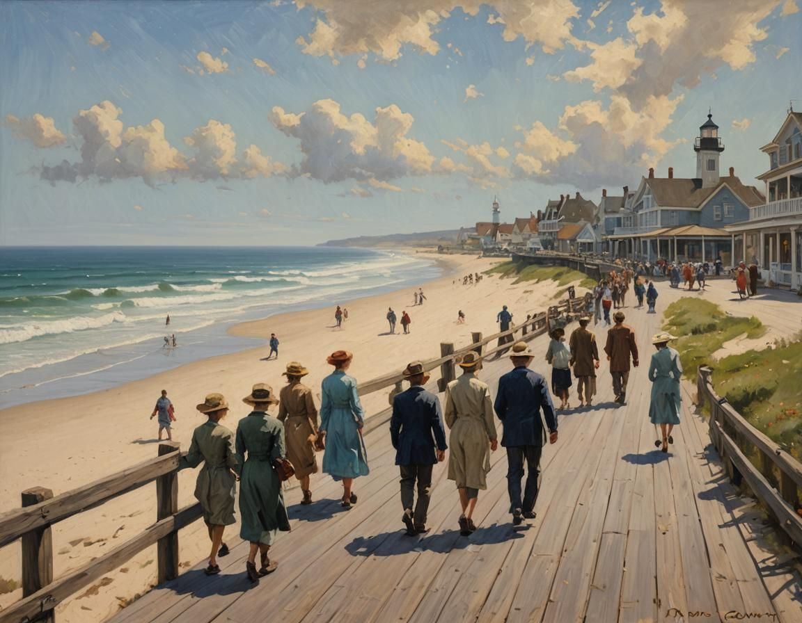 Ocean Boardwalk Scene as Oil Painting