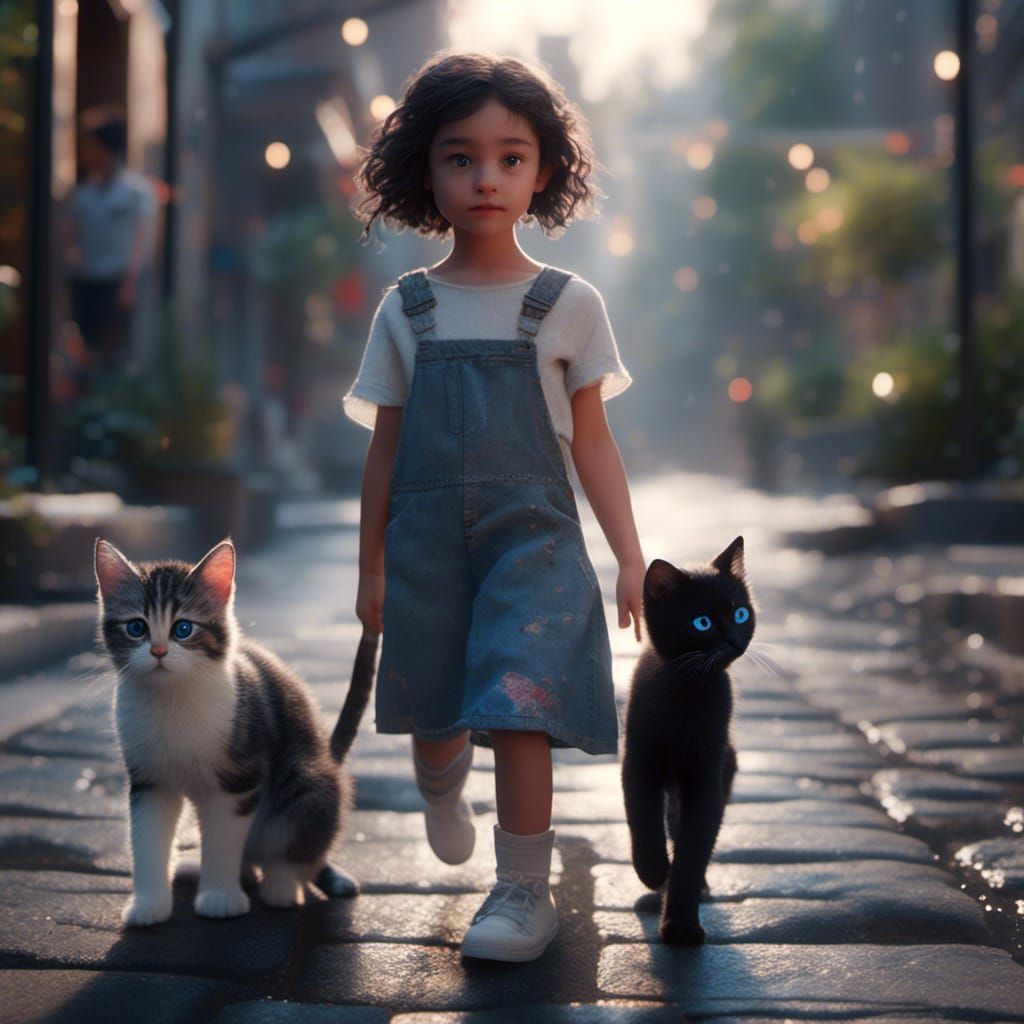 Tabby Kitten Walks with Teen in Detailed Painting