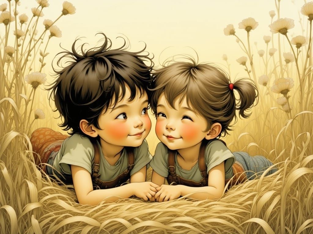 Joyful Siblings in Hayfield, Whimsical Illustration