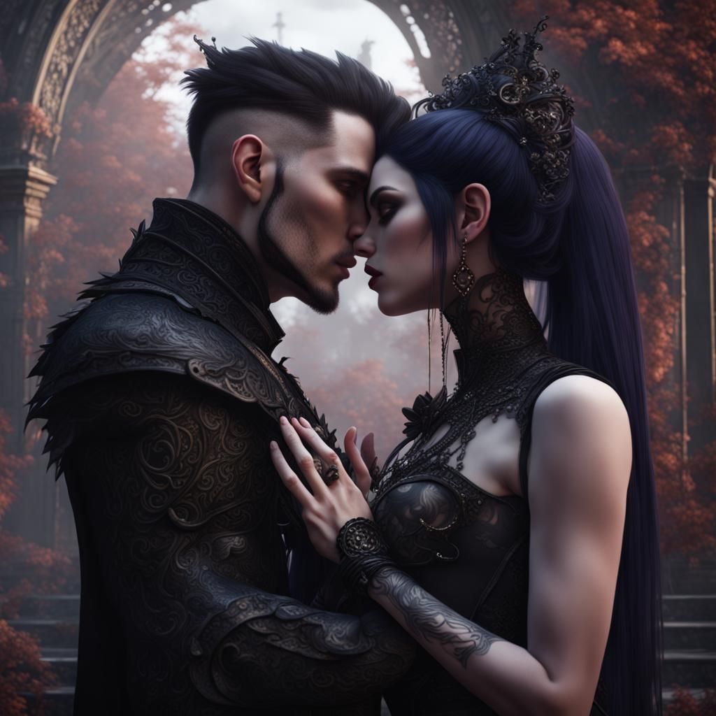 Passionate Goth Couple Kissing in Detailed Matte Painting