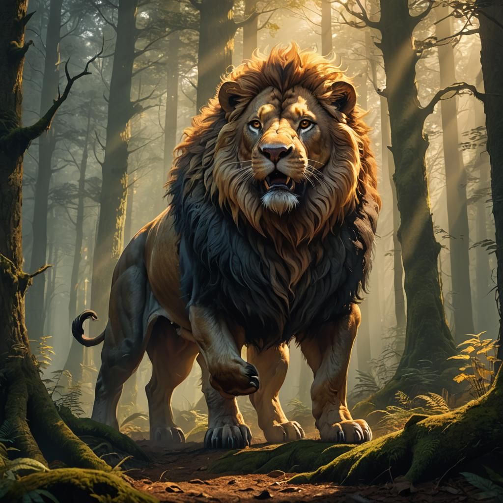 Half-Pig, Half-Lion Creature in Misty Forest