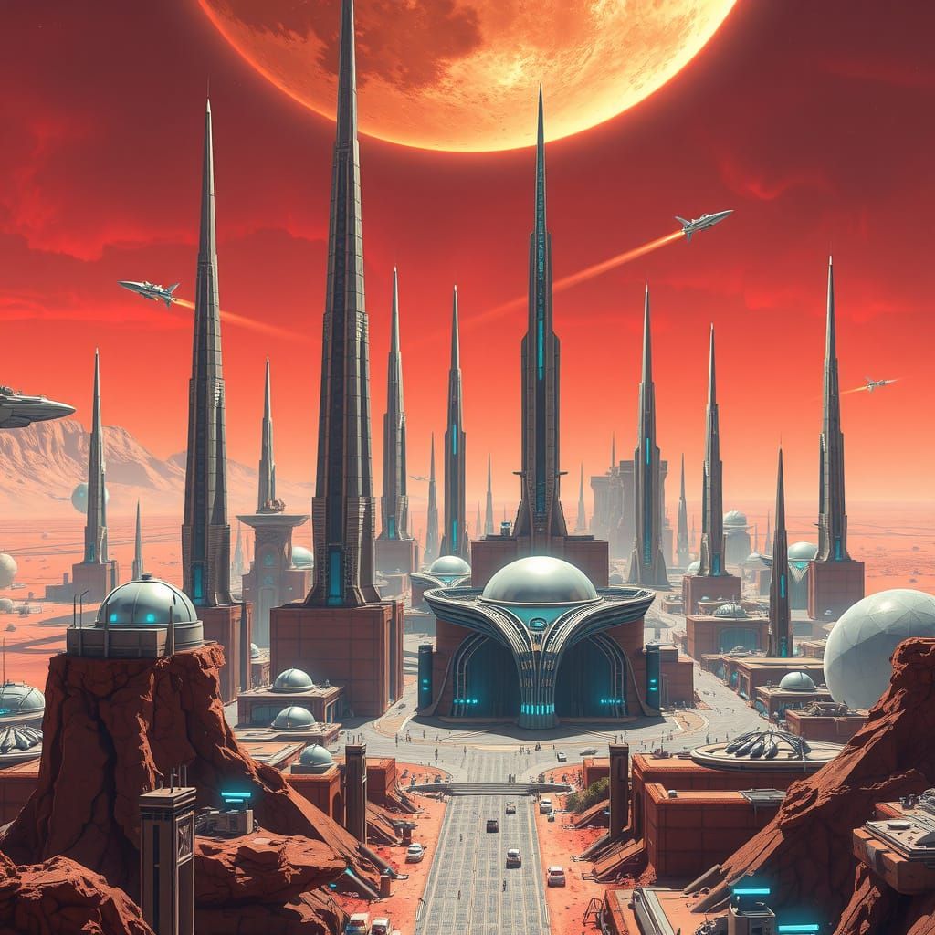 Futuristic Mars Metropolis with Crystal Spires and Iridescen...