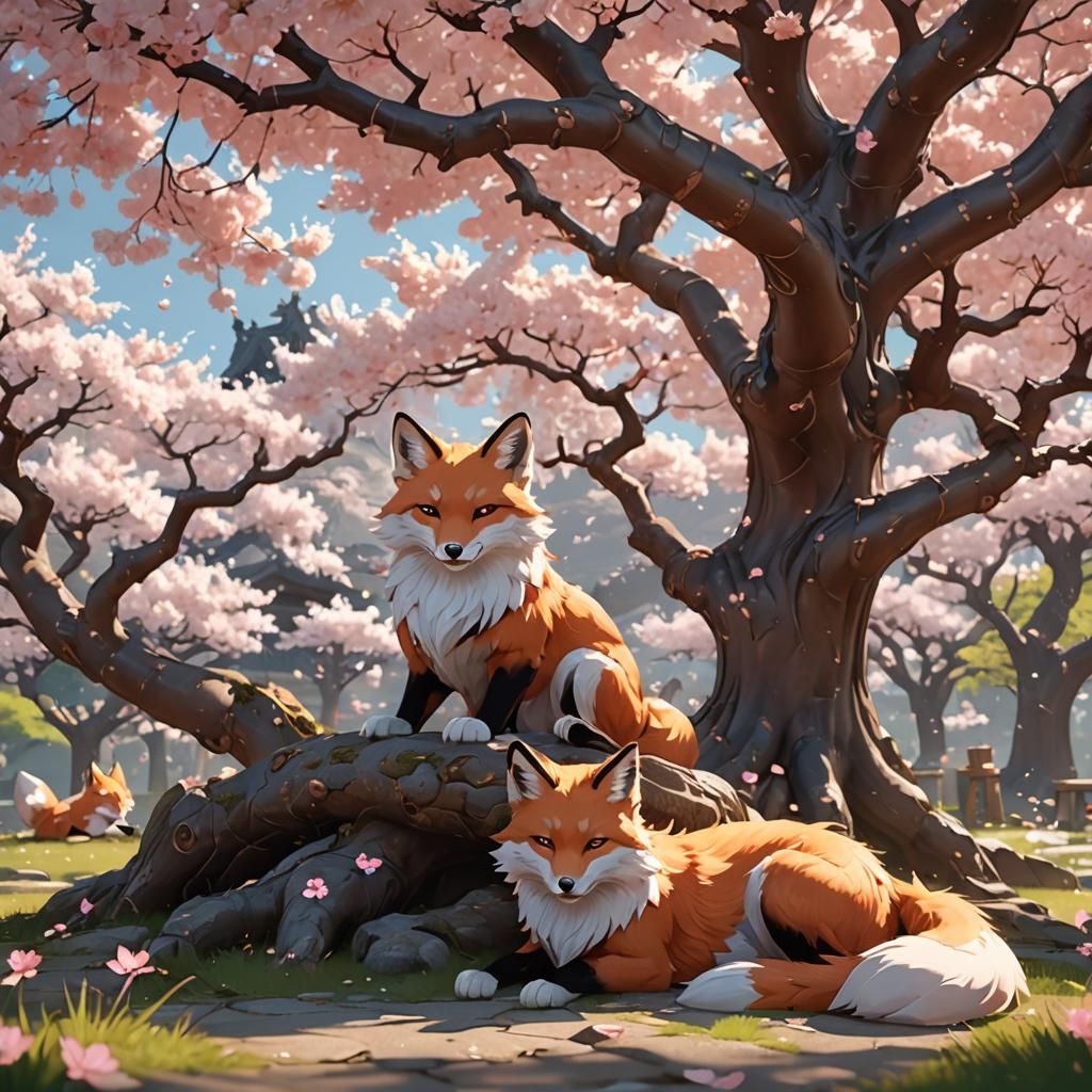 Kitsune Pair Under Cherry Tree: 3D Anime Art